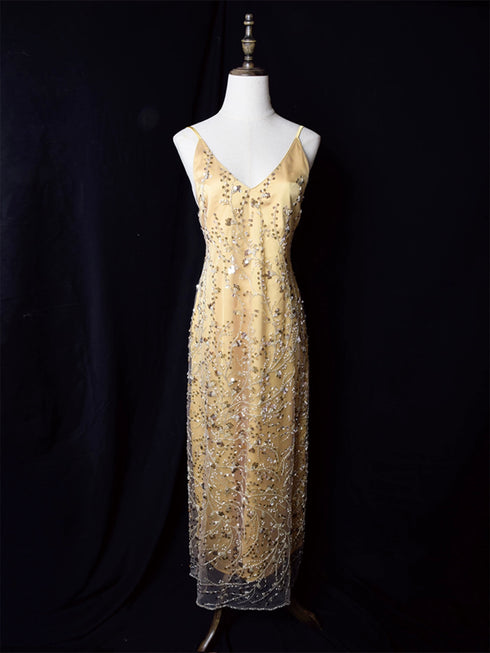 Gold Glitter Maxi Dress with Spaghetti Straps - Gold Embellished Gown Plus Size